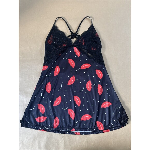 Women’s Red And Black Lips Lingerie Chemise Lace Cut Out Size Large Dress - Picture 1 of 8